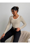 Women Beige Ribbed Knit Long Sleeve Top - 4