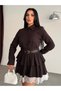 Belt Detail Lace-Hemmed Ruffled Mini Brown Shirt Dress - Long-Sleeved Chic Tunic Dress 7626 - 2