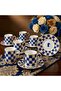 Horse Blue White Checkerboard Decor 6-Person Porcelain Coffee Cup Set – 90 Ml.