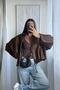 Oversized Zippered Belt Detail Women's Leather Jacket