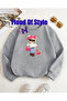 Gray Pink Bear Minimalist Printed Crew Neck Sweatshirt