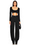 Women's Black Double Layer Sandy Fabric Wide U Neck Long Sleeve Crop Blouse - 4