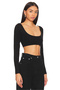 Women's Black Double Layer Sandy Fabric Wide U Neck Long Sleeve Crop Blouse - 2