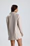 Women's Beige Three-Pocket Double-Buttoned Front Oversized Double-Breasted Collar Shoulder Pad Piece Blazer Jacket - 4
