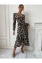 Women's Long Sleeve Double-Breasted Collar Side Tie Front Ruffle Detail Single Jersey Long Dress - 4