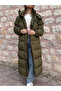 Khaki Midi Length Hooded Puffer Jacket