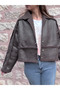 Brown Plush Striped 3 Button Leather Jacket - 5