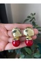 Women's Red Stone Gold Color Detail Steel Tarnish-Resistant Earrings - 2