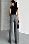 High-Waisted Elastic Waistband, Detailed Waistband, Pockets, Herringbone Pattern, Wide-Leg Woolen Pants - 7