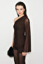 Sueno women's asymmetric neck tulle fabric one shoulder open sleeve end star stone detailed brown blouse - 5