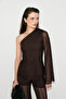 Sueno women's asymmetric neck tulle fabric one shoulder open sleeve end star stone detailed brown blouse - 3
