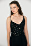 Latido Women's Stylish Black Blouse with Detachable Collar, Tulle with Stone Detailing, Lined Straps - 3