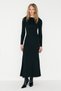 Noche women's round neck back transparent mesh detailed stretch fabric black dress - 6