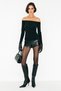 Glimmer women's black blouse with carmen collar, off-the-shoulder design, stretch fabric, and stone embellishments. - 4