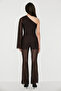 Sueno women's asymmetric neck tulle fabric one shoulder open sleeve end star stone detailed brown blouse - 6