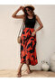 Women's Strappy Round Neck Top Viscose Bottom Patterned Long Single Jersey Dress - 4