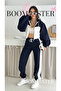Women's Three-Thread 100% Cotton Oversize Tracksuit Set - Relaxed Fit with Ribbed Corset and Stripe Detail - 2