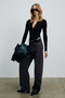Arvon Women's Round Neck Long Sleeve Black Bodycon Bodysuit with Functional Metal Snap Buttons on the Front - 2