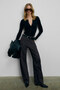 Arvon Women's Round Neck Long Sleeve Black Bodycon Bodysuit with Functional Metal Snap Buttons on the Front - 4