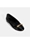 Women's Black Leather Ballerinas with Metal Buckle Accessories - 5
