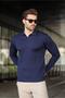 Navy Blue Polo Neck Striped Long Sleeve Sweater 7239