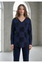 Women's Square Patterned Navy Blue-Black V-Neck Glittery Sweater