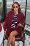 Burgundy Striped Button-Down Polo Collar Women's Knit Sweater Tuma2280 - 4