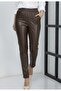 Women's Brown Leather Trousers with Elastic Waist and Pockets