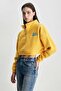 Happy Yellow Zippered Embroidered Fleece Oversized Women's Sweatshirt - 4