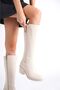 Cream Leather-Look Stretchy Back Thick Mid High-Heeled Zippered Long Boots