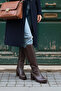 Bitter Brown Leather Look Stretchy Back Flexible Thick High Heels Buckle Detailed Zippered Long Boots - 6