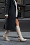 Cream Leather Look Back Stretch Flexible Thick Medium High Heel Buckle Detailed Zippered Long Boots - 4