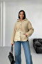 Women's Beige Hooded Oversize Teddy Plush Quilted Jacket Coat - 3