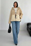 Women's Beige Hooded Oversize Teddy Plush Quilted Jacket Coat - 6