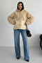 Women's Beige Hooded Oversize Teddy Plush Quilted Jacket Coat - 7