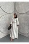 Atlas Fabric Floral Patterned Shirt Collar Button Detailed White Dress (Belt Included)-42166 - 5