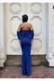 Stretchy Scuba Fabric Strapless Flowy Sleeve Stone and Tulle Detail Evening Dress 583336 Cobalt - 4