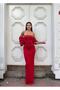 Stretchy Scuba Fabric Strapless Drapey Sleeve Stone and Tulle-Detail Evening Dress 583336 RED - 3