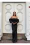 Stretchy Scuba Fabric Strapless Drapey Sleeve Stone and Tulle-Detail Evening Dress 583336 BLACK