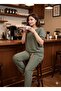 Women's Daisy and Star Patterned Mesh Detailed Short Sleeve Linen Combination (Blouse and Trousers) Surprise Bracelet Gift - 2