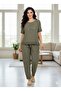 Women's Daisy and Star Patterned Mesh Detailed Short Sleeve Linen Combination (Blouse and Trousers) Surprise Bracelet Gift
