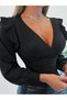 Women's Fabric Featured Black V-Neck Flexible Knitted Fabric Blouse with Ruffled Shoulders - 5