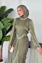 Green Cape Detail Shiny Evening Dress - 2