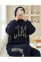 Three-Thread Sweat Suit with Leopard Print Detail on the Front - Navy - 2