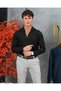 Men's Black Long Sleeve Raw Linen Metal Button Shirt - 6