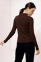 Women's Polo Neck Anthracite Melange Corded Fabric Ribbed Knit Long Sleeve T-Shirt - 5