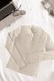 Women's Polo Neck Beige Corded Fabric Ribbed Knit Long Sleeve T-Shirt - 7