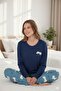 Women's Navy Blue Long Sleeve 100% Cotton Pajama Set Comfortable and Soft Texture - 2
