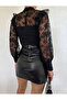 WOMEN'S SHOULDER RUFFLED HALF TURTLENECK LACE-TRIMMED STRETCH BLOUSE - 7