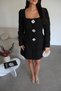 Black Square Neck Glittery Brooch-Detail Rhinestone-Embellished Mini Length Premium Tweed Dress - 4